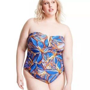 NWT Fe Noel Target Blue Palm Print Removeable Straps One-piece Swimsuit 3X